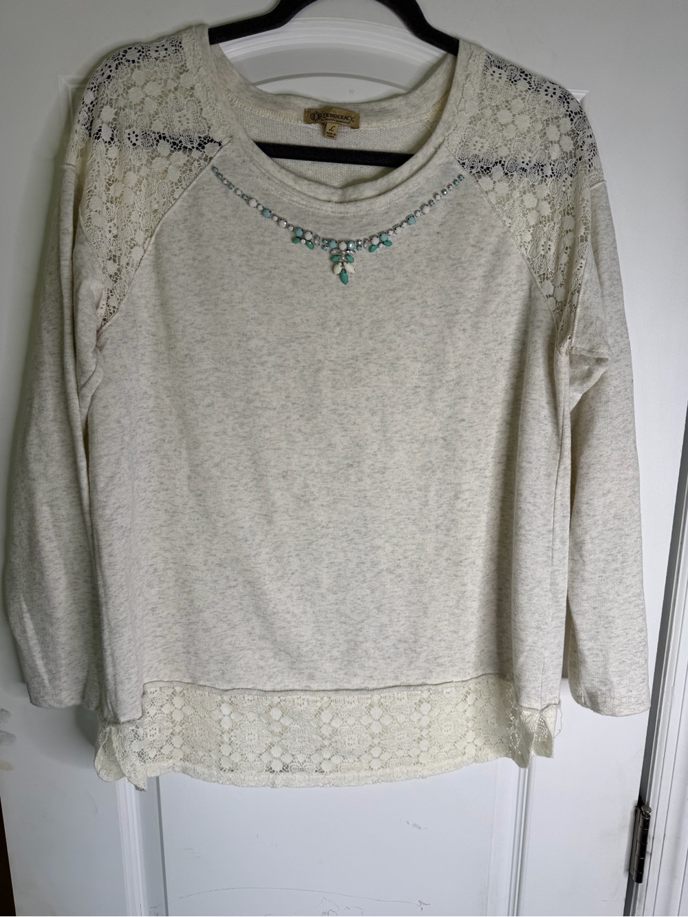 Democracy Cream Lace-Trim Sweater Top with Turquoise Jewel Accent. Size L